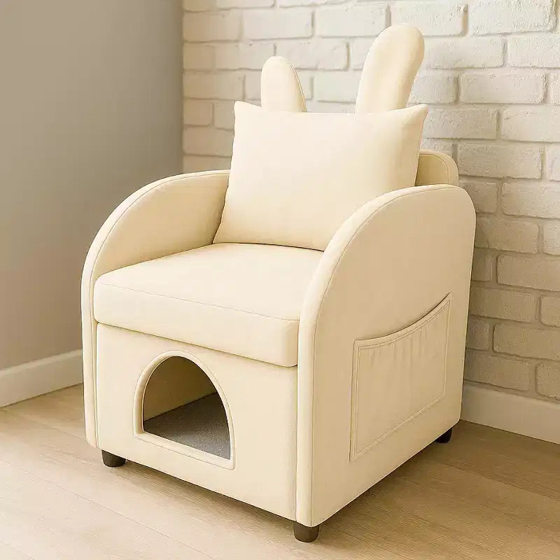 Poltrona "Orecchie di coniglio" pet-friendly con cuccia integrata per gatti/cani e tasche laterali, Beige