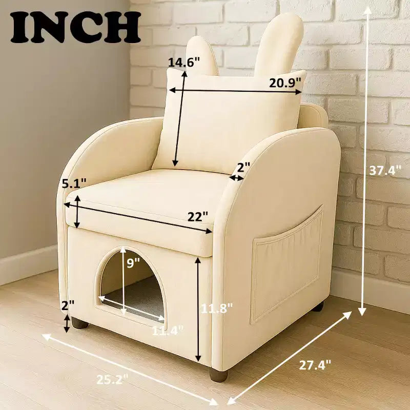 Poltrona "Orecchie di coniglio" pet-friendly con cuccia integrata per gatti/cani e tasche laterali, Beige