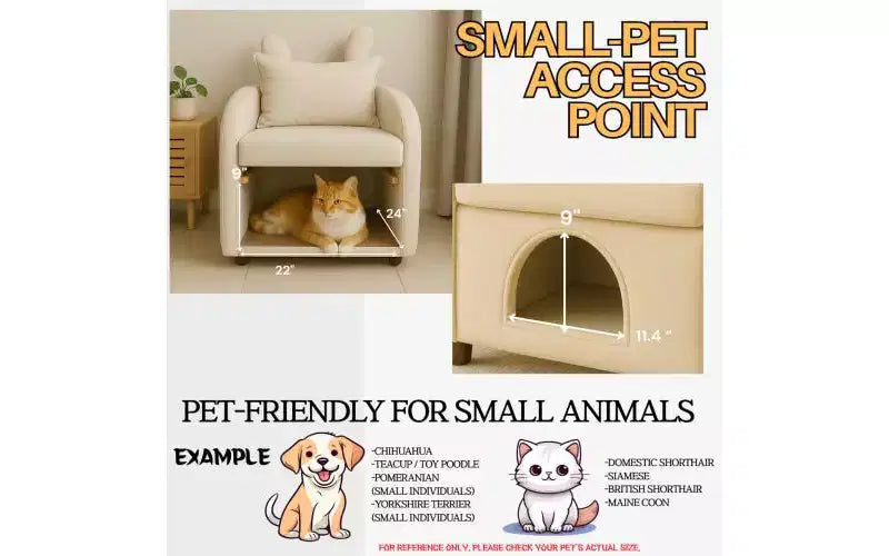Poltrona "Orecchie di coniglio" pet-friendly con cuccia integrata per gatti/cani e tasche laterali, Beige