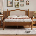 MAYEERTY Full Size Wooden Platform Bed with Natural Rattan Headboard Vintage Bed Frame with Wooden Slat Walnut