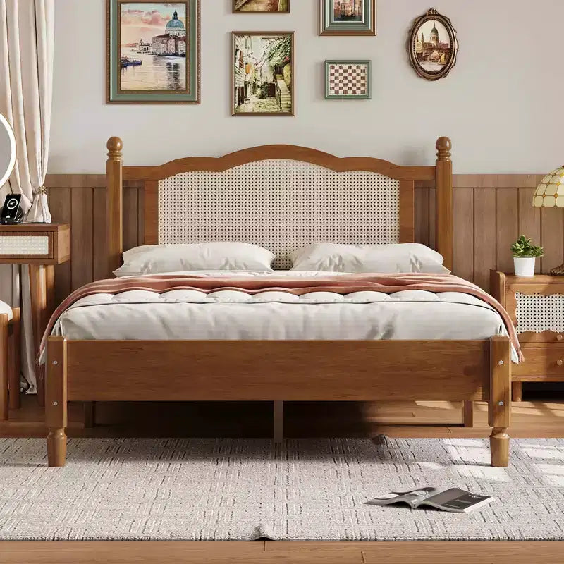 MAYEERTY Full Size Wooden Platform Bed with Natural Rattan Headboard Vintage Bed Frame with Wooden Slat Walnut