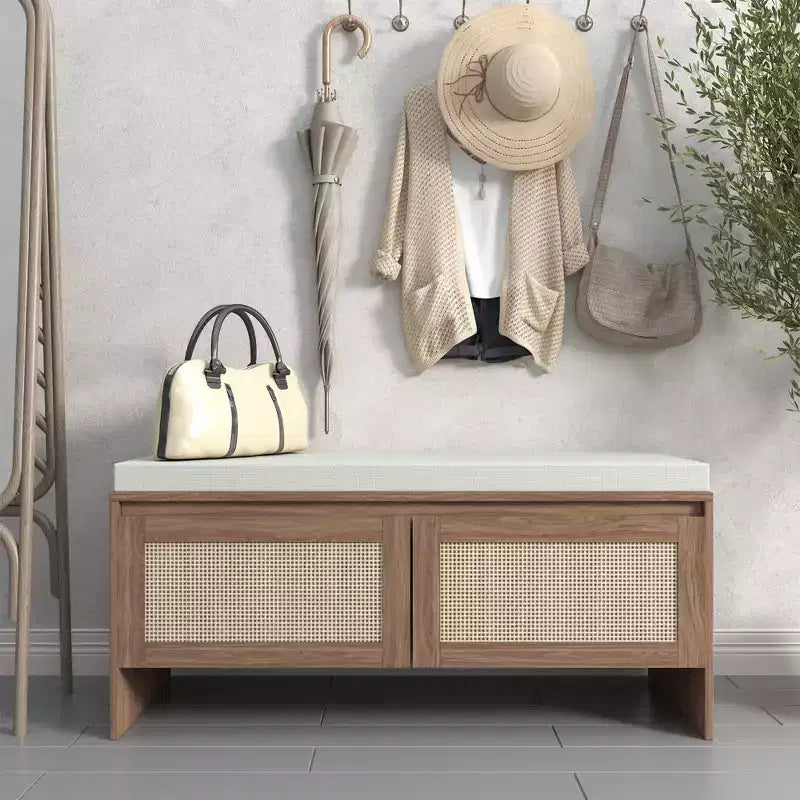 PP Rattan Storage Bench with Cushion: 2-Door Shoe Cabinet, Mid-Century Modern Entryway Seat for Hallway, Bedroom, Mudroom - Natural Finish