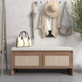 PP Rattan Storage Bench with Cushion: 2-Door Shoe Cabinet, Mid-Century Modern Entryway Seat for Hallway, Bedroom, Mudroom - Natural Finish