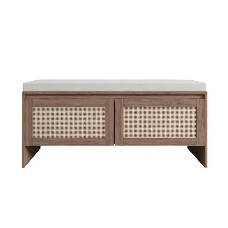 Panca Contenitore in Rattan con Cuscino, Scarpiera a 2 Ante per Ingresso, Corridoio, Camera da Letto, Finitura Naturale