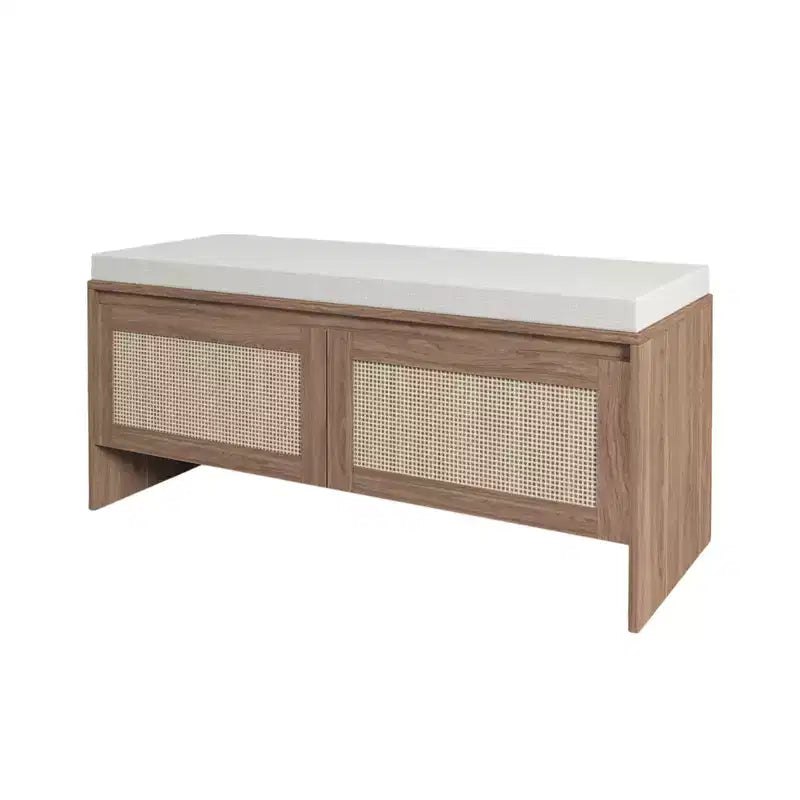 Panca Contenitore in Rattan con Cuscino, Scarpiera a 2 Ante per Ingresso, Corridoio, Camera da Letto, Finitura Naturale