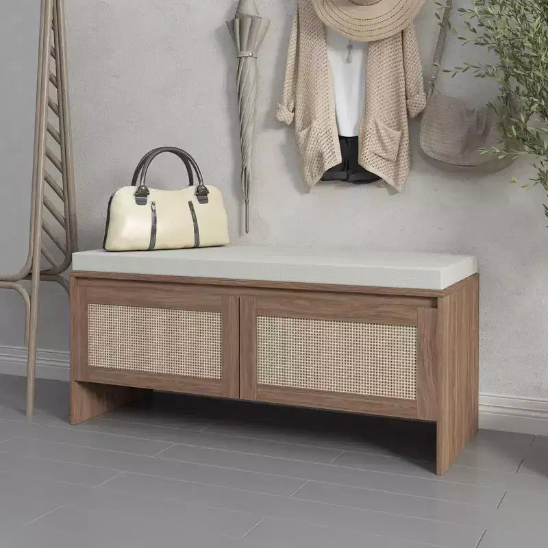 Panca Contenitore in Rattan con Cuscino, Scarpiera a 2 Ante per Ingresso, Corridoio, Camera da Letto, Finitura Naturale