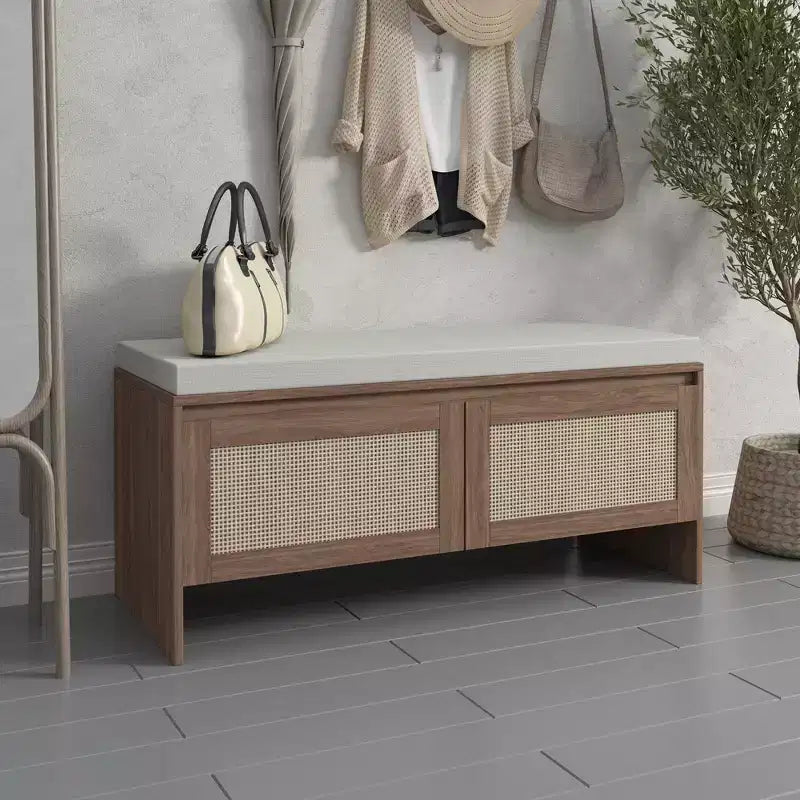 Panca Contenitore in Rattan con Cuscino, Scarpiera a 2 Ante per Ingresso, Corridoio, Camera da Letto, Finitura Naturale