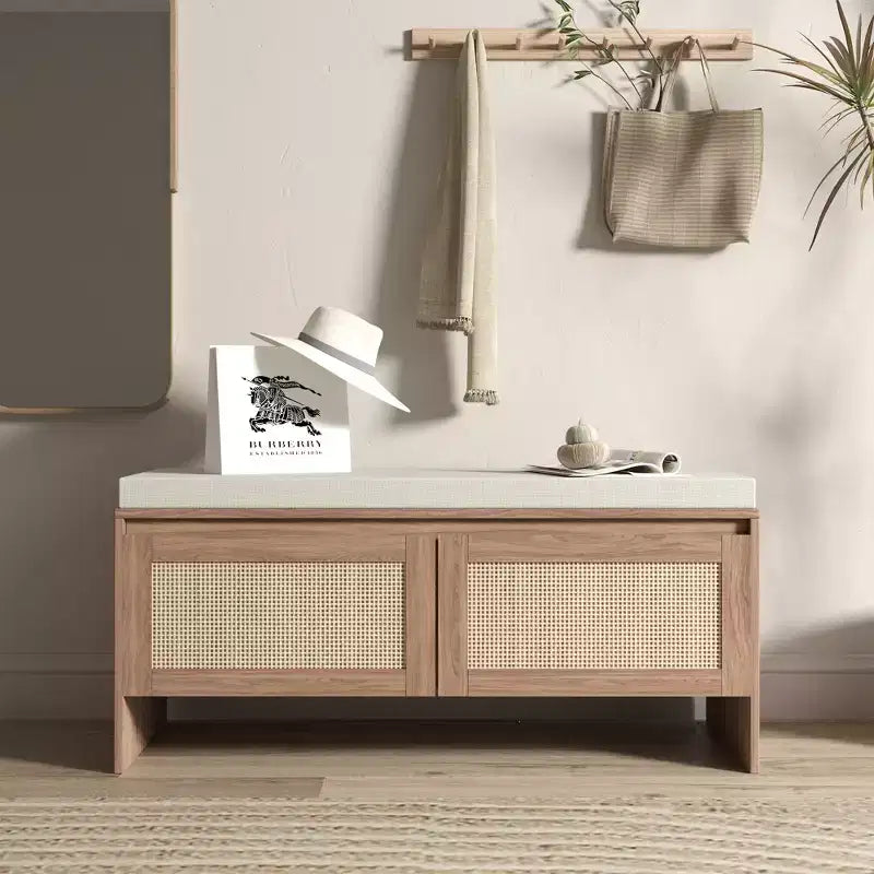 Panca Contenitore in Rattan con Cuscino, Scarpiera a 2 Ante per Ingresso, Corridoio, Camera da Letto, Finitura Naturale