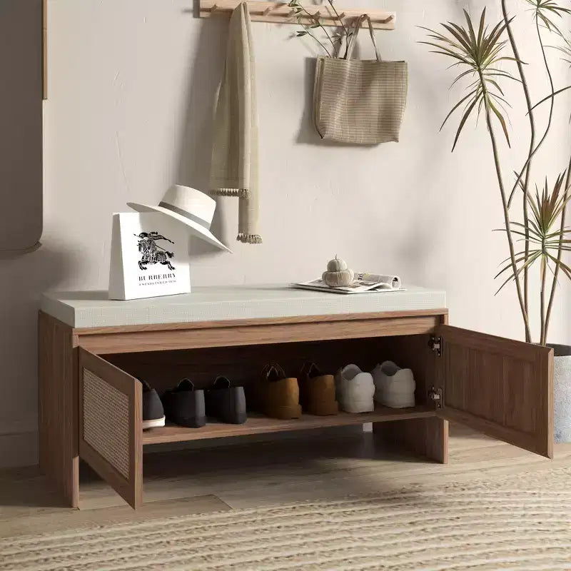 Panca Contenitore in Rattan con Cuscino, Scarpiera a 2 Ante per Ingresso, Corridoio, Camera da Letto, Finitura Naturale