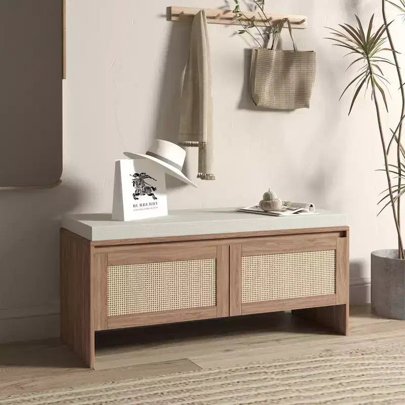 Panca Contenitore in Rattan con Cuscino, Scarpiera a 2 Ante per Ingresso, Corridoio, Camera da Letto, Finitura Naturale