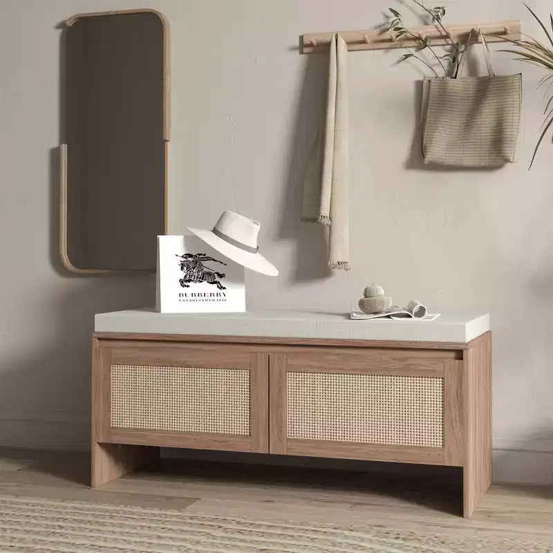Panca Contenitore in Rattan con Cuscino, Scarpiera a 2 Ante per Ingresso, Corridoio, Camera da Letto, Finitura Naturale