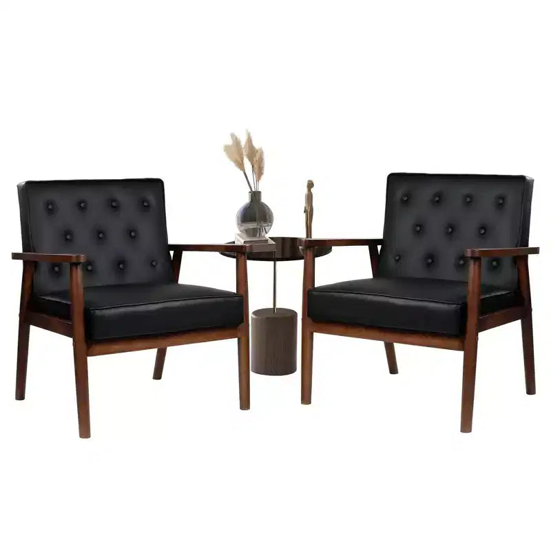 TYBOATLE Upholstered Mid Century Faux Leather Accent Chair, Button Tufted Arm Chair with Wood Frame for Living Room & Bedroom, Single or Set of 2