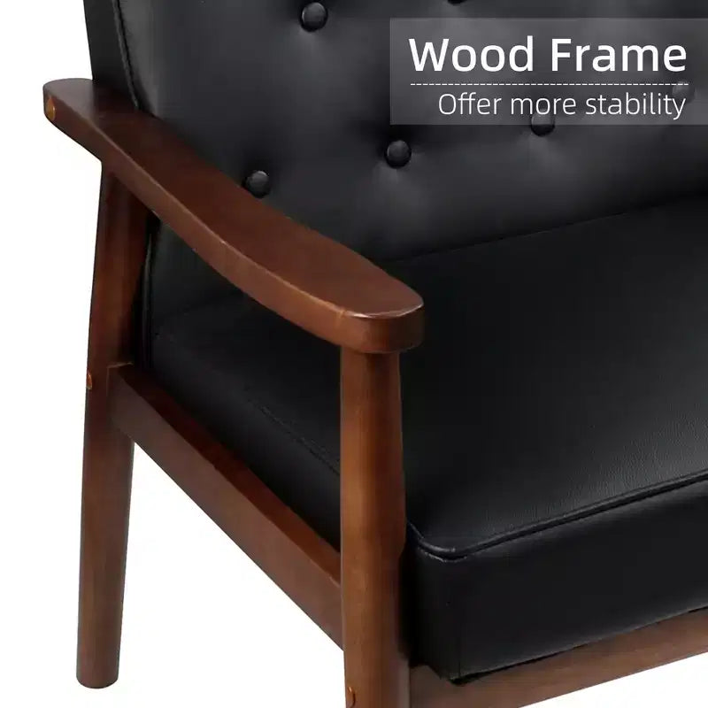Poltrona in similpelle stile Mid-Century, capitonné con struttura in legno per soggiorno e camera da letto