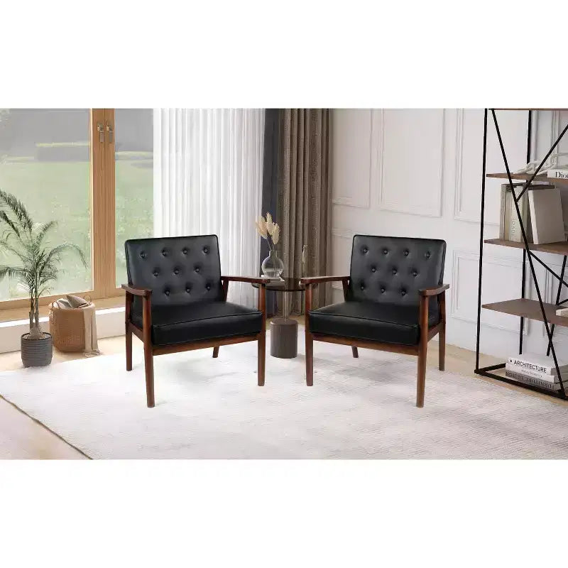 Poltrona in similpelle stile Mid-Century, capitonné con struttura in legno per soggiorno e camera da letto