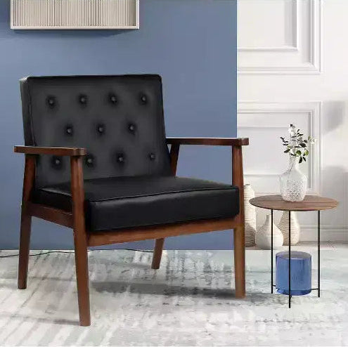 Poltrona in similpelle stile Mid-Century, capitonné con struttura in legno per soggiorno e camera da letto