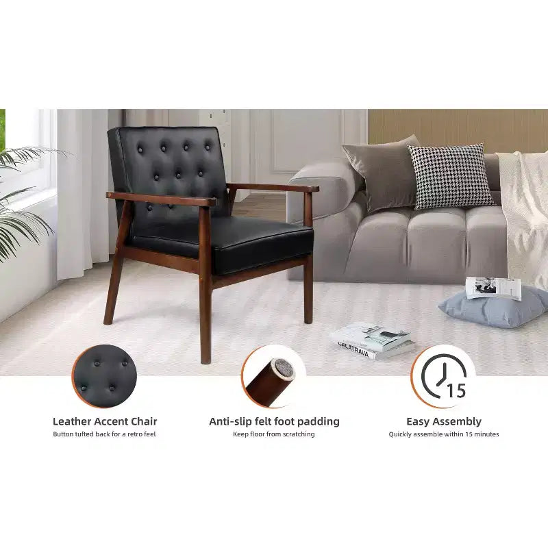 Poltrona in similpelle stile Mid-Century, capitonné con struttura in legno per soggiorno e camera da letto