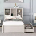 JVNOXK 87-inch modern double bed frame with bookshelf-style double-tier headboard, built-in USB ports, and two drawers. White washed