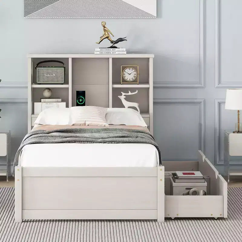 JVNOXK 87-inch modern double bed frame with bookshelf-style double-tier headboard, built-in USB ports, and two drawers. White washed
