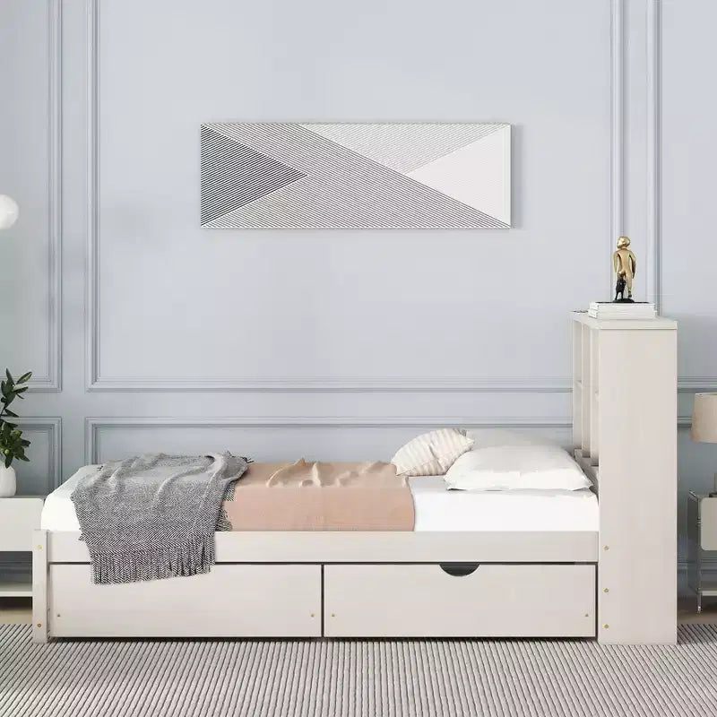 Letto Matrimoniale Moderno 87 Pollici con Testiera a Libreria, Porte USB Integrate e Due Cassetti, Finitura Bianca Decapata