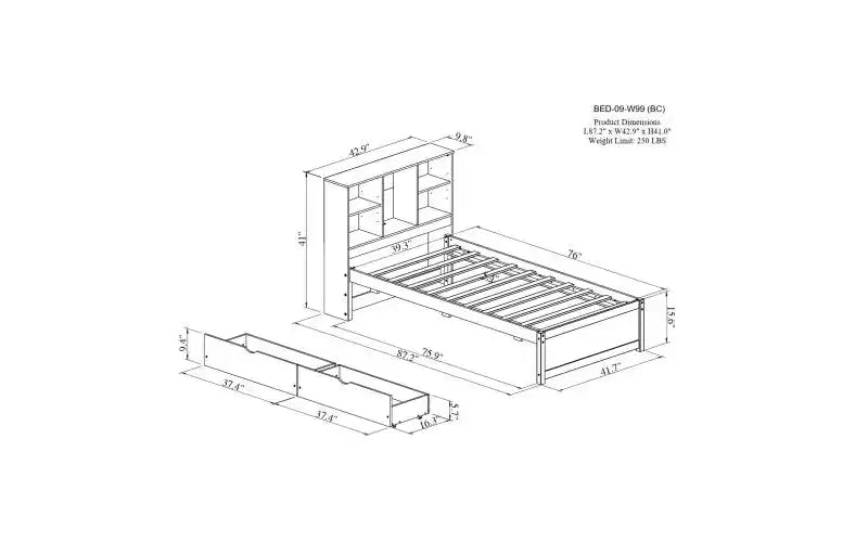 Letto Matrimoniale Moderno 87 Pollici con Testiera a Libreria, Porte USB Integrate e Due Cassetti, Finitura Bianca Decapata