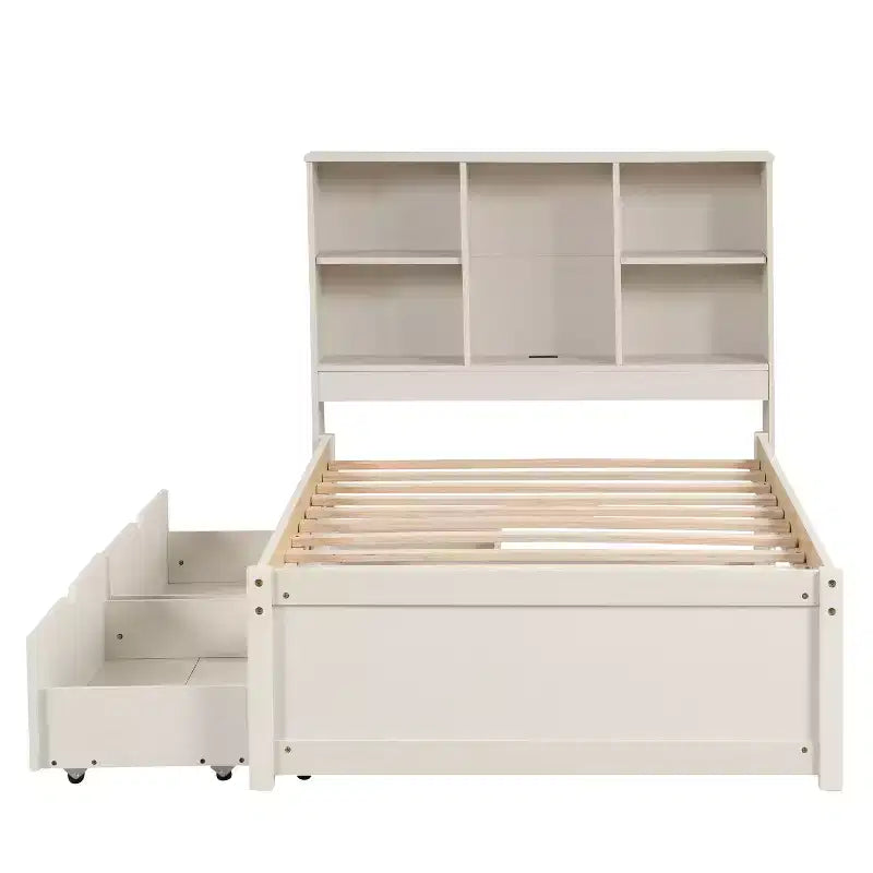 Letto Matrimoniale Moderno 87 Pollici con Testiera a Libreria, Porte USB Integrate e Due Cassetti, Finitura Bianca Decapata