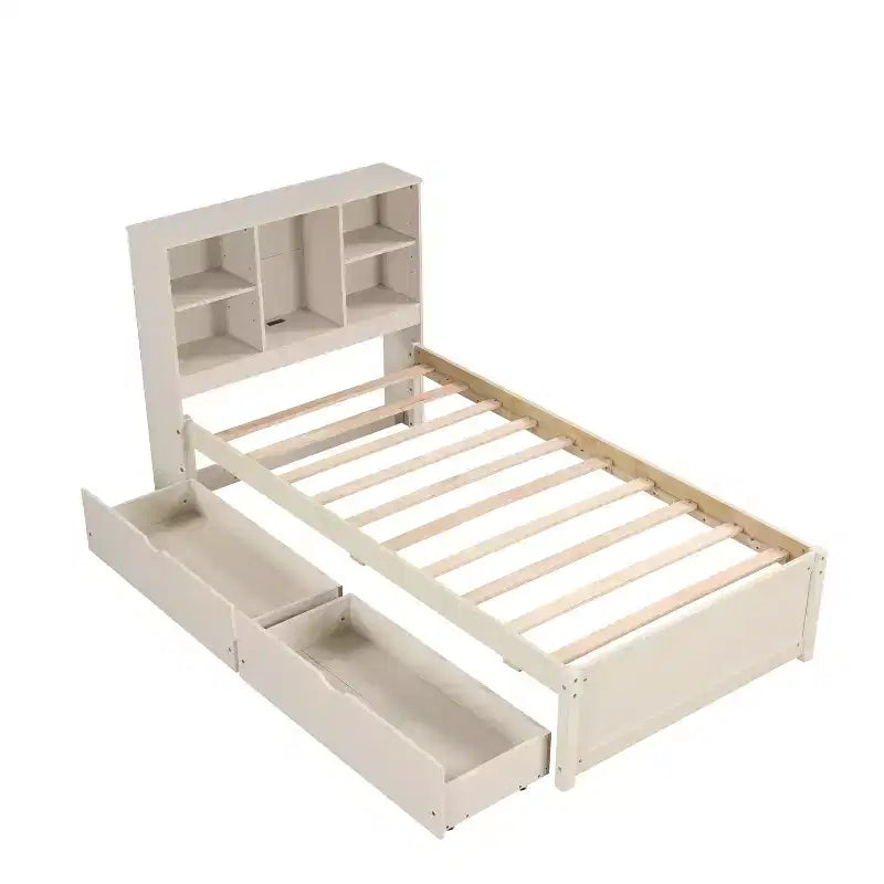 Letto Matrimoniale Moderno 87 Pollici con Testiera a Libreria, Porte USB Integrate e Due Cassetti, Finitura Bianca Decapata