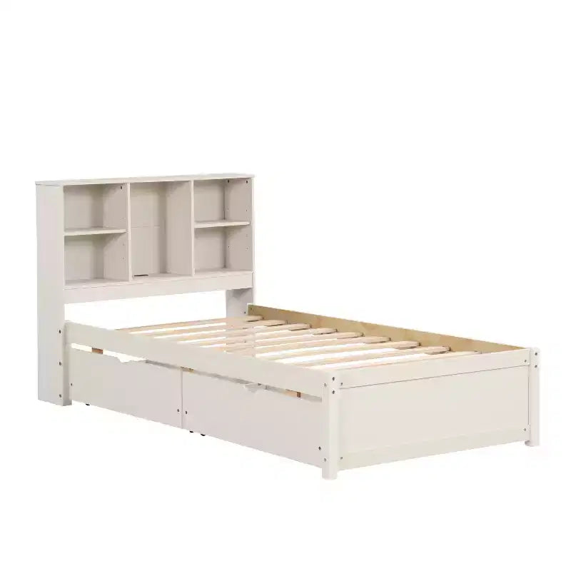Letto Matrimoniale Moderno 87 Pollici con Testiera a Libreria, Porte USB Integrate e Due Cassetti, Finitura Bianca Decapata