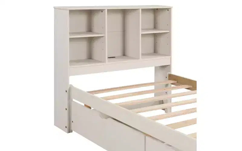 Letto Matrimoniale Moderno 87 Pollici con Testiera a Libreria, Porte USB Integrate e Due Cassetti, Finitura Bianca Decapata
