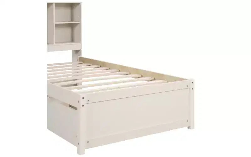 Letto Matrimoniale Moderno 87 Pollici con Testiera a Libreria, Porte USB Integrate e Due Cassetti, Finitura Bianca Decapata