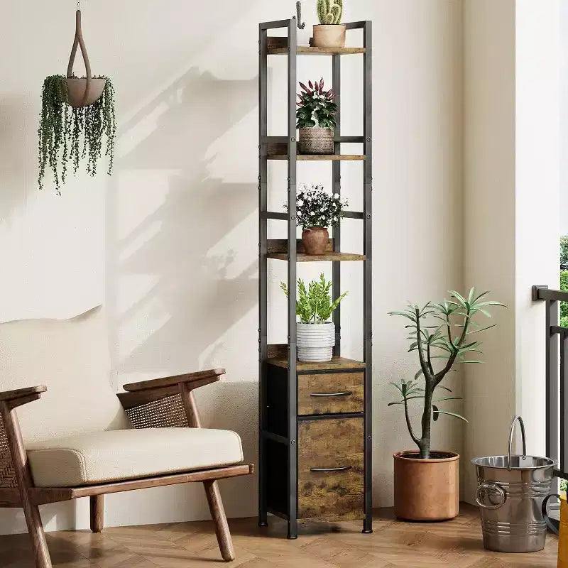 6 Tier Tall Bookshelf with Drawers, Modern Industrial Wood Bookcase with Steel Frame, Free Standing Display & Storage Shelves for Home Office