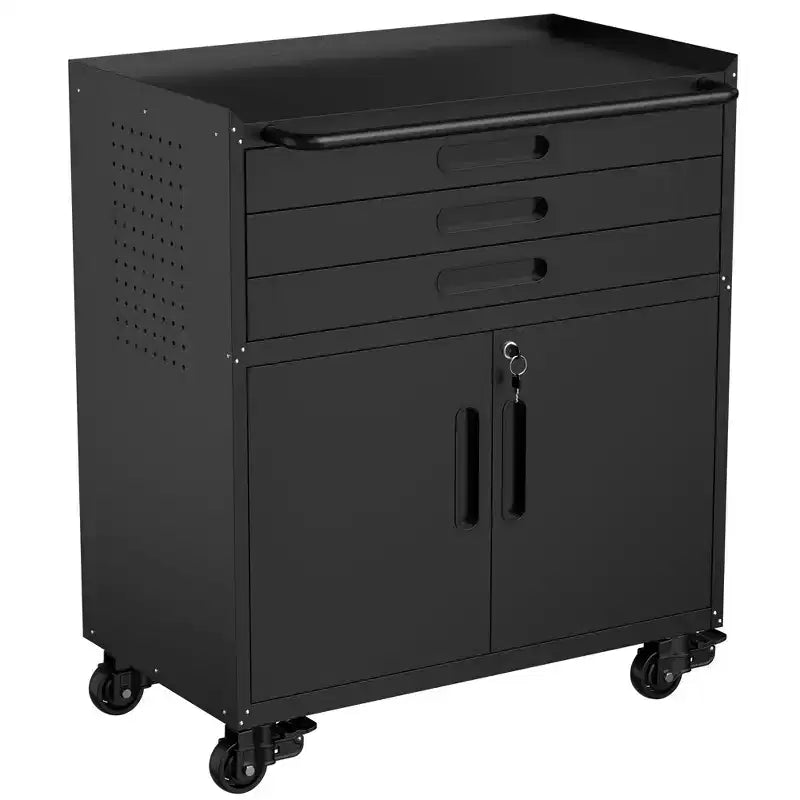 VIYET 34 Heavy-Duty Rolling Metal Tool Cabinet - 3-Drawer Garage Storage Organizer with Lockable Wheels, Black