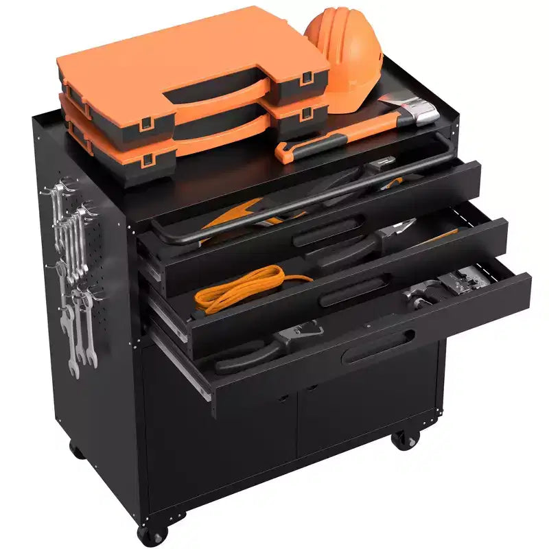 Armadietto portautensili mobile in metallo da 34" per impieghi gravosi, organizer da garage a 3 cassetti con ruote bloccabili, nero