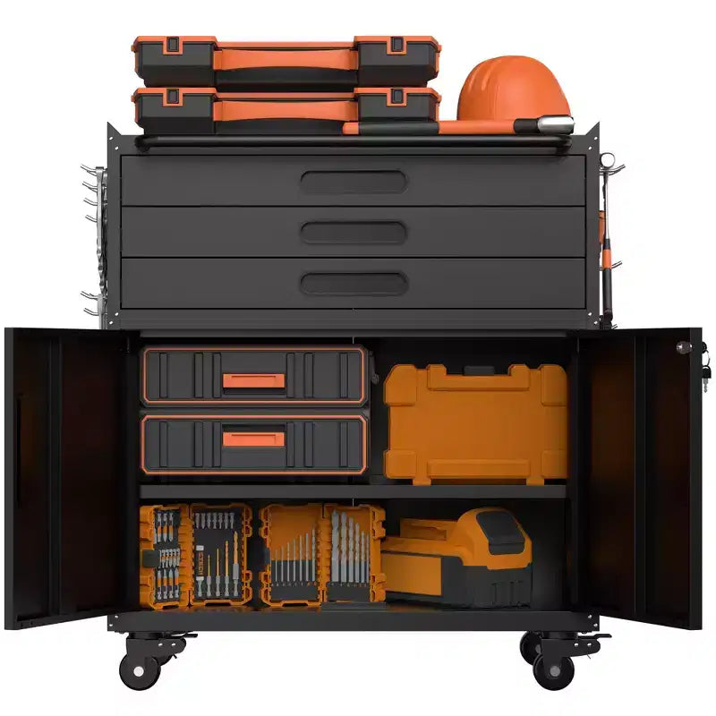 Armadietto portautensili mobile in metallo da 34" per impieghi gravosi, organizer da garage a 3 cassetti con ruote bloccabili, nero