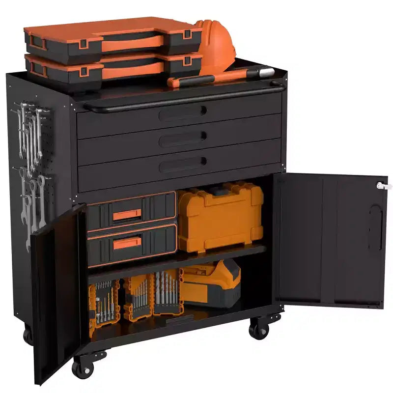 Armadietto portautensili mobile in metallo da 34" per impieghi gravosi, organizer da garage a 3 cassetti con ruote bloccabili, nero