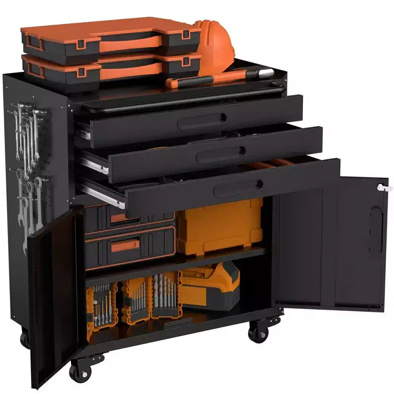 Armadietto portautensili mobile in metallo da 34" per impieghi gravosi, organizer da garage a 3 cassetti con ruote bloccabili, nero