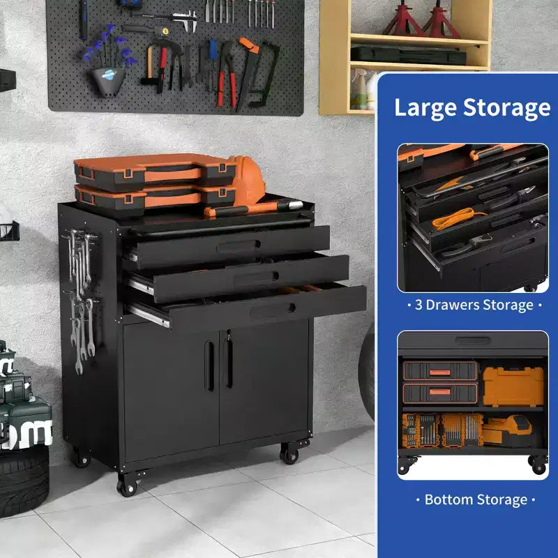 Armadietto portautensili mobile in metallo da 34" per impieghi gravosi, organizer da garage a 3 cassetti con ruote bloccabili, nero