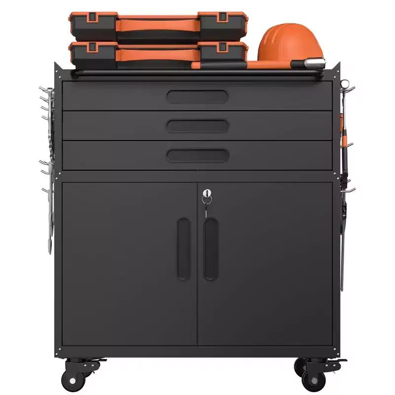 Armadietto portautensili mobile in metallo da 34" per impieghi gravosi, organizer da garage a 3 cassetti con ruote bloccabili, nero