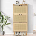Slim Shoe Storage Cabinet with Doors - Space-Saving Narrow Organizer for Entryway, Closet & Bedroom, Modern Rattan Shoe Rack