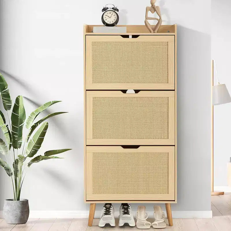Slim Shoe Storage Cabinet with Doors - Space-Saving Narrow Organizer for Entryway, Closet & Bedroom, Modern Rattan Shoe Rack