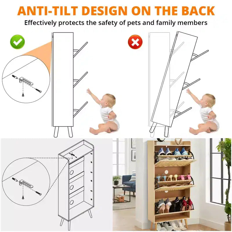 Scarpiera sottile con ante - Organizzatore salvaspazio e stretto per ingresso, armadio e camera da letto, scarpiera moderna in rattan
