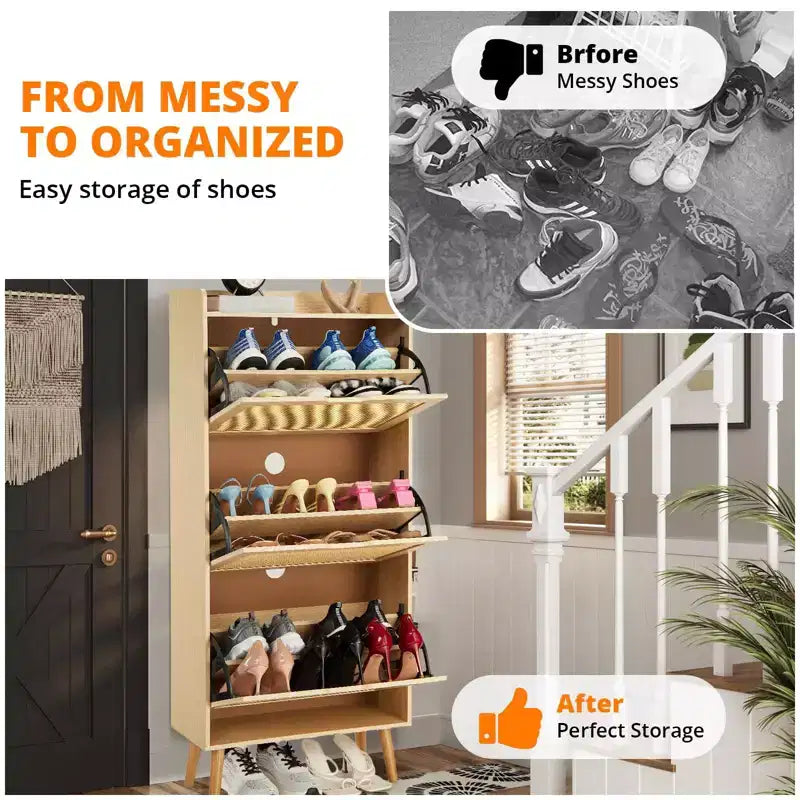 Scarpiera sottile con ante - Organizzatore salvaspazio e stretto per ingresso, armadio e camera da letto, scarpiera moderna in rattan