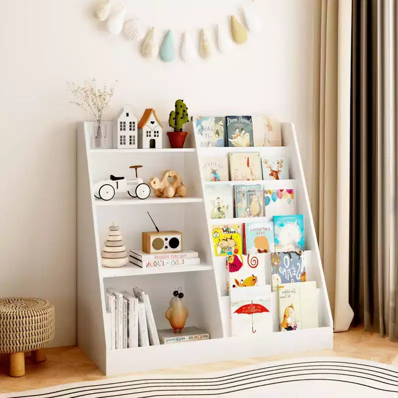 4-Tier Wooden Kids Bookshelf with Toy Storage, Front-Facing Book Display Organizer for Kids Room, White