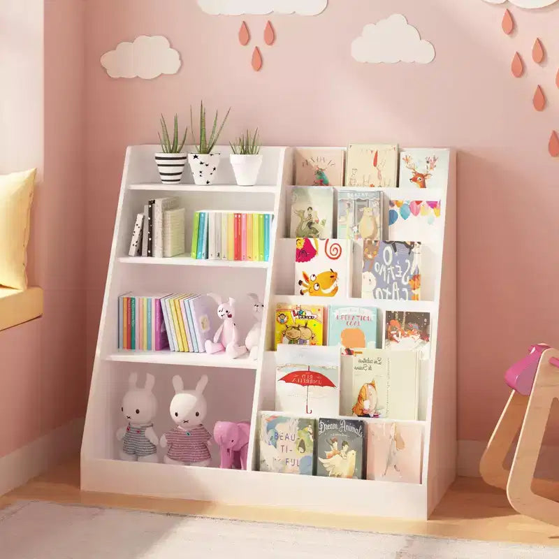 Libreria a 4 livelli per bambini in legno con vano portaoggetti per giocattoli, espositore per libri frontale per cameretta, bianca