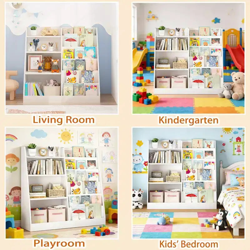 Libreria a 4 livelli per bambini in legno con vano portaoggetti per giocattoli, espositore per libri frontale per cameretta, bianca