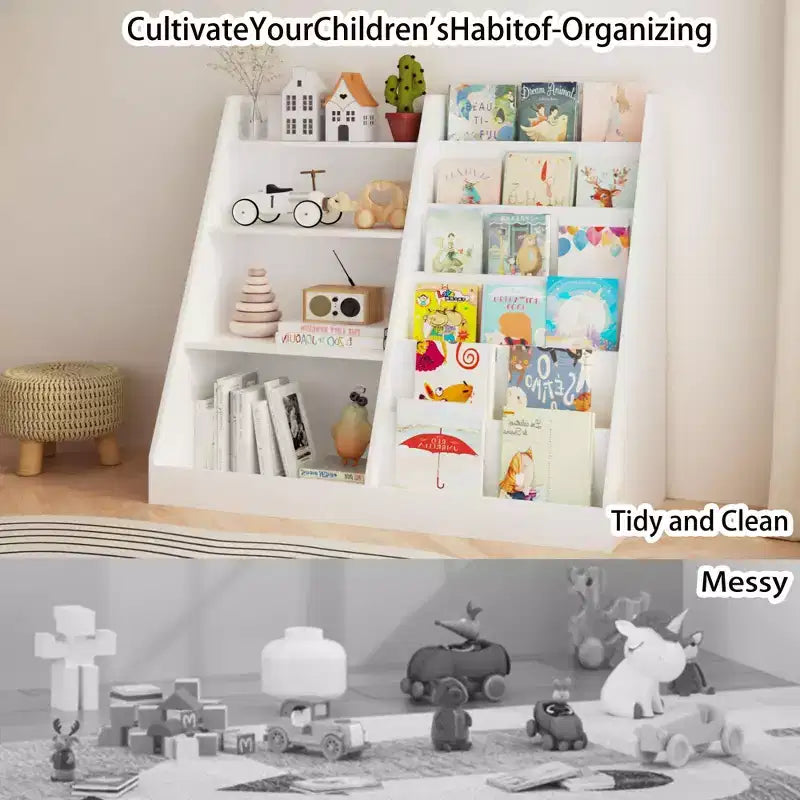 Libreria a 4 livelli per bambini in legno con vano portaoggetti per giocattoli, espositore per libri frontale per cameretta, bianca