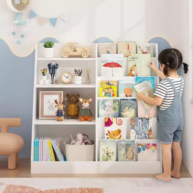 Libreria a 4 livelli per bambini in legno con vano portaoggetti per giocattoli, espositore per libri frontale per cameretta, bianca