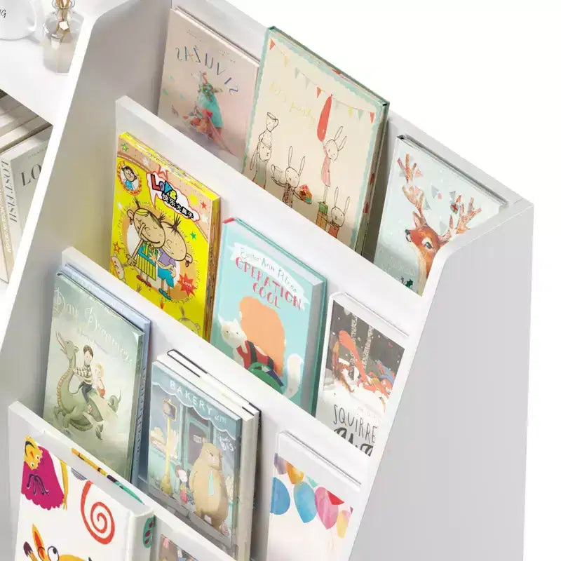 Libreria a 4 livelli per bambini in legno con vano portaoggetti per giocattoli, espositore per libri frontale per cameretta, bianca
