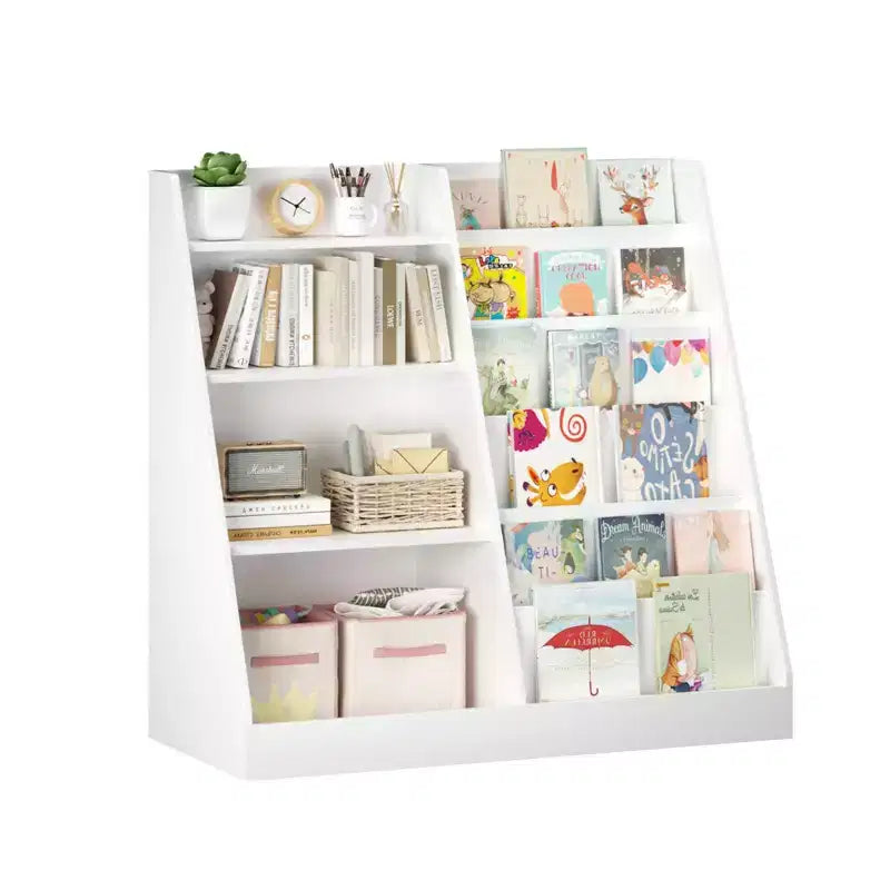 Libreria a 4 livelli per bambini in legno con vano portaoggetti per giocattoli, espositore per libri frontale per cameretta, bianca