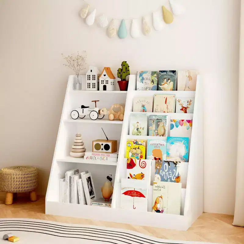 Libreria a 4 livelli per bambini in legno con vano portaoggetti per giocattoli, espositore per libri frontale per cameretta, bianca
