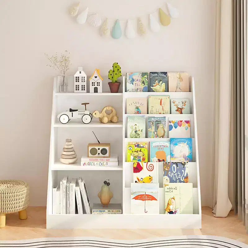 Libreria a 4 livelli per bambini in legno con vano portaoggetti per giocattoli, espositore per libri frontale per cameretta, bianca